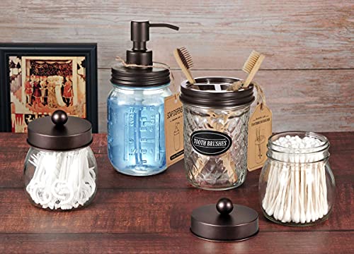 Amolliar Mason Jar Bathroom Accessories Set, 4Pcs Glass Bathroom Set,Bronze | Lotion Soap Dispenser, 2 Cotton Swab Holder, Toothbrush Holder, Farmhouse Rustic Bathroom Decor, Countertop Vanity Organizer - size: Bronze, style: Standard-mouth