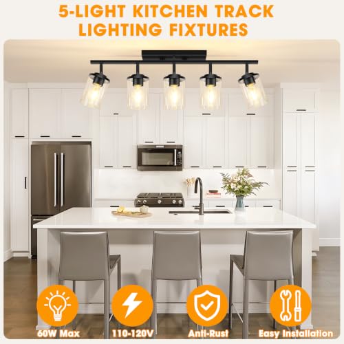 FadimiKoo 5-Lights Black Semi Flush Mount Ceiling Light Fixtures, Modern Clear Glass Shade Farmhouse Kitchen Ceiling Lamp, Adjustable Rotatable Vanity Light Fixture for Hallway Entryway Dining Room - color: Black, size: 5-Lights