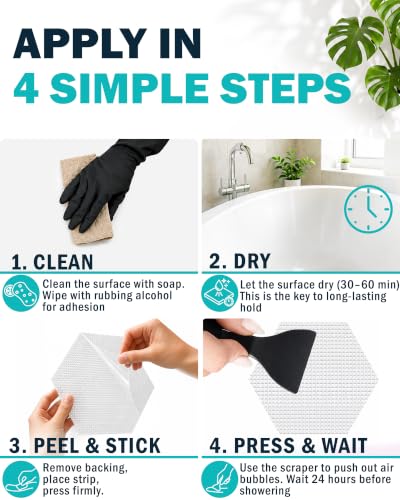 Anti-Slip Shower Stickers, 4" Hex 28 Pack, Bathtub & Shower Floor Grip | Extra Traction for Tub Steps & Wet Surfaces | Scraper & Application Guide Included | Micro-Pyramid Texture Adds Extra Bite
