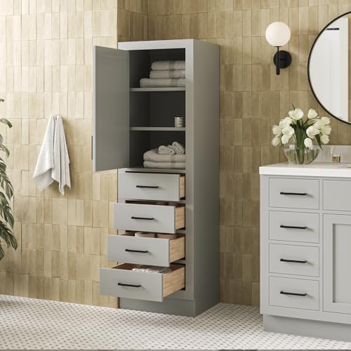 ARIEL Hepburn Bathroom Storage Cabinet - Solid Hevea Wood and Fully Assembled for Long-Lasting Durability and Sophisticated Finish, Freestanding Linen Bathroom Cabinet - 65”H x 20”W x 16”D, Grey - color: Grey, style: Hepburn