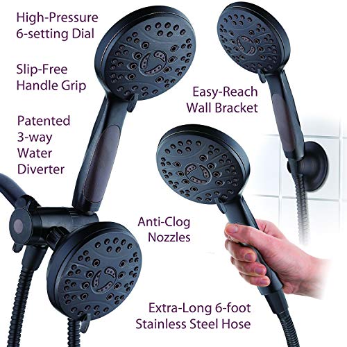 High Pressure 48-mode Luxury 3-way Combo – Dual Rain & Handheld Shower Head – 6 Foot Stainless Steel Hose – Anti Slip Grip – All Oil Rubbed Bronze Finish – Top US Brand – Extra Wall Bracket - color: Oil Rubbed Bronze