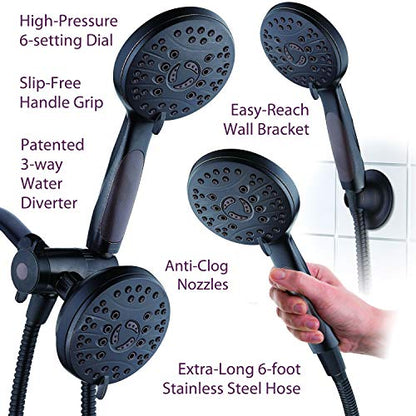 High Pressure 48-mode Luxury 3-way Combo – Dual Rain & Handheld Shower Head – 6 Foot Stainless Steel Hose – Anti Slip Grip – All Oil Rubbed Bronze Finish – Top US Brand – Extra Wall Bracket - color: Oil Rubbed Bronze