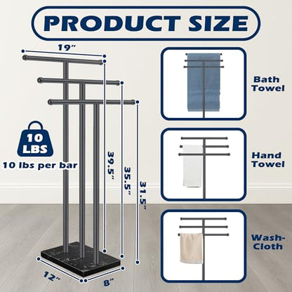 Standing Towel Rack with Marble Base, 3-Tier Free Standing Towel Racks for Bathroom, 40" Height Floor Towel Stand Holder for Bathroom, Black - color: Black