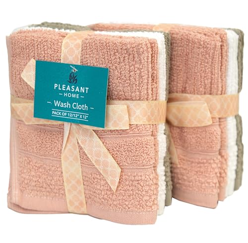 PH Pleasant Home Ribbed Wash Cloths Set - 12 Pack (12” x 12”) – 509 GSM - 100% Ring Spun Cotton Wash Cloth - Super Soft and Highly Absorbent Face Towels (Blush,White & Tan) - color: Blush, White & Tan, style: Ribbed