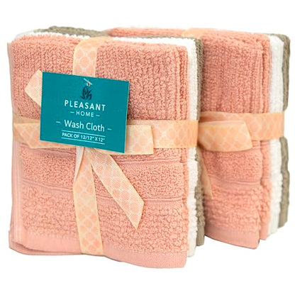 PH Pleasant Home Ribbed Wash Cloths Set - 12 Pack (12” x 12”) – 509 GSM - 100% Ring Spun Cotton Wash Cloth - Super Soft and Highly Absorbent Face Towels (Blush,White & Tan) - color: Blush, White & Tan, style: Ribbed