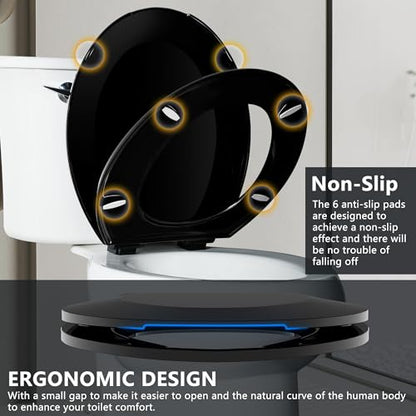 Angol Shiold Round Toilet Seat - Slow Close Hinges, Ergonomic Design with Grip-Tight Bumpers, Safe Easy-Clean PP Material (Black, 16.5" Round) - color: Black, size: Round 16.5‘’