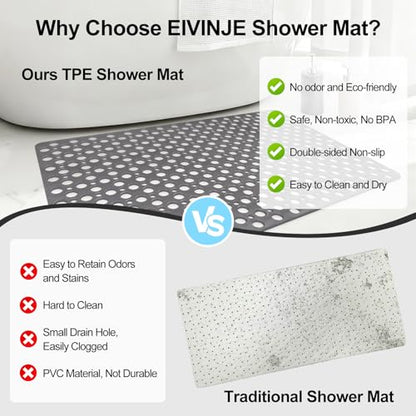 Bathtub Mat Non Slip: 30x17 inch Soft TPE Shower Mat with Suction Cups and Drain Holes, Efficient Drainage Anti Slip Shower Mats for Inside Shower, Easy to Dry&Cut, Machine Washable - color: Grey, size: 30" x 17" (Rectangular)