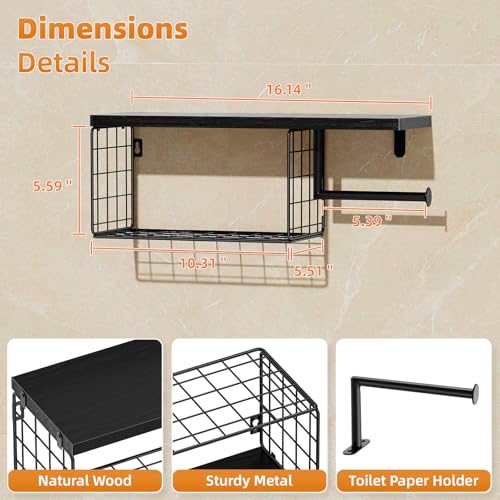 VITVITI Toilet Paper Holder with Shelf, Wall Mounted Storage Basket, Black | Farmhouse Wall Mount Toilet Paper Holder Shelves, Wood Metal Toilet Roll Wipes Holder for Bathroom - color: Black