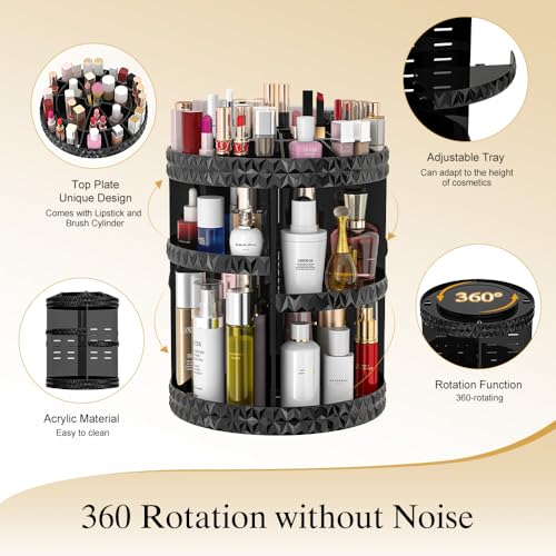 360 Rotating Makeup Organizer, DIY Adjustable Makeup Carousel Spinning Holder Storage Rack, Large Capacity Vanity Organizer Skincare Organizers (Black)