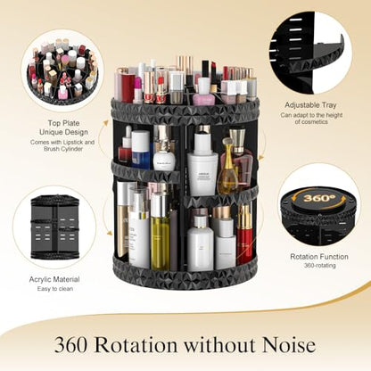 360 Rotating Makeup Organizer, DIY Adjustable Makeup Carousel Spinning Holder Storage Rack, Large Capacity Vanity Organizer Skincare Organizers (Black)