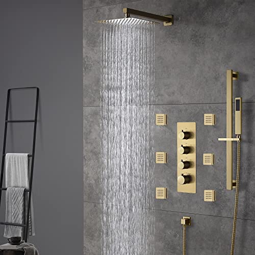Cascada Luxury 12” Rainfall Shower set (Wall Mounted) with 4 knob thermostatic Valves & 3 functions (Rainfall, Body jets & Hand Shower) (Brushed Gold) - color: Brushed Gold