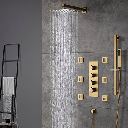 Cascada Luxury 12” Rainfall Shower set (Wall Mounted) with 4 knob thermostatic Valves & 3 functions (Rainfall, Body jets & Hand Shower) (Brushed Gold) - color: Brushed Gold
