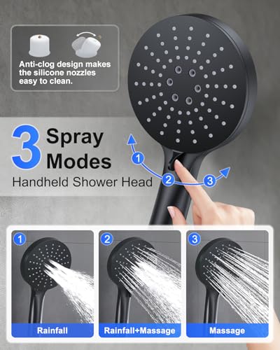 Iriber Matte Black Shower head with Handheld,8"+10" Rain Shower Faucet Set | 10 Inch Ceiling +8 Inch Wall Mount Dual Shower Heads,Push Button Diverter,3 Setting Handheld,Pressure Balance Valve Cartridge - color: Matte Black 06