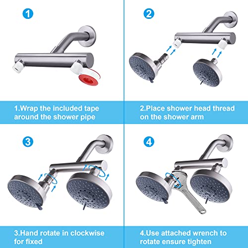 AZOS Double Shower Head with Shut-Off Valve, Bathathroom High Pressure Dual Fixed Rain Shower Head Combo with Brass Dual Outlet Manifold, Adjustable 5 Function Showerhead Brushed Nickel - color: Brushed Nickel
