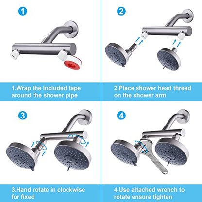 AZOS Double Shower Head with Shut-Off Valve, Bathathroom High Pressure Dual Fixed Rain Shower Head Combo with Brass Dual Outlet Manifold, Adjustable 5 Function Showerhead Brushed Nickel - color: Brushed Nickel