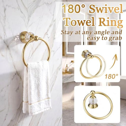4 Pcs Polished Gold Crystal Bathroom Accessories Set with Adjustable Double Towel Bar & Towel Ring & Toilet Paper Holder & Robe Hook, Wall Mounted Bath Hardware Fixture Set (Style 10) - color: Style 10