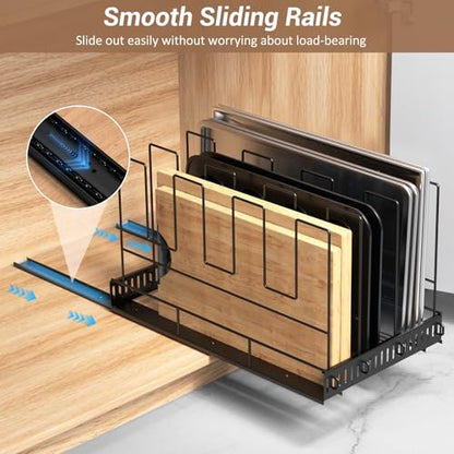 Housolution Pull Out Baking Tray and Cookie Sheet Cutting Board Organizer | 21.5" Deep & 12" Wide, 4 Adjustable Dividers, Sliding Rail Design, Sturdy Metal Structure, Adhesive/Screw Fixing - color: Black, 4 Dividers, size: Large