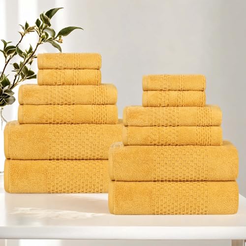 Superior Playa Zero Twist Cotton Medium Weight Towels, for Guest Bath, Bathroom, Shower, Spa, Plush, Quick Dry, Ultra-Soft Towels, Bath Essentials, Waffle Textured, 12 Piece Assorted Towel Set, Gold - color: Gold, size: 12 Piece Towel Set