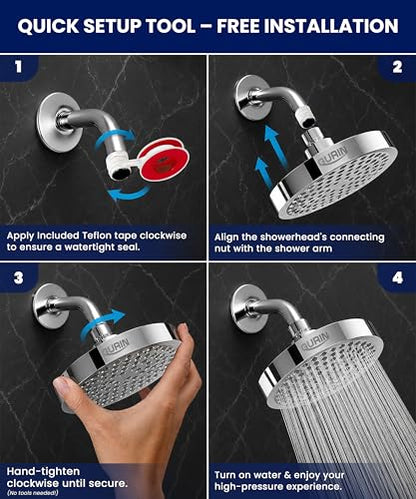 Shower Head - Premium Polished Chrome Finish - Rain Showerhead 6 Inch | High Pressure Shower Heads with Adjustable Angles, 90 Anti-Clog Nozzles, Tool-Free 1-Min Install