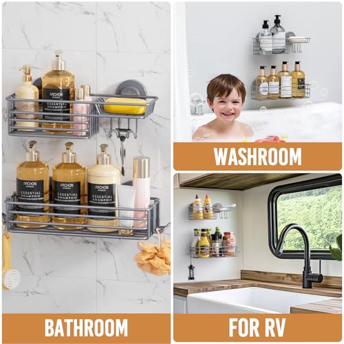 Shower Caddy Suction Cup, 2 Pack Shelves for Inside with Hooks | Grey Shower Storage, Soap Holder, Shampoo Holder, NO Drill Shower Holder, Rustproof Meatl Bathroom Basket - color: 2 X Grey