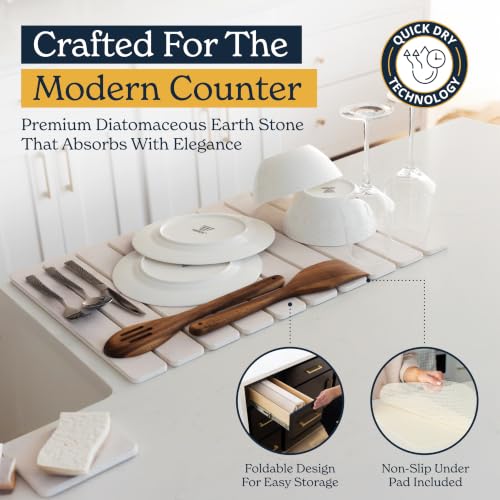 Oleex 3-Pack Stone Dish Drying Mat Set Includes 1 Large 24”x16” & 2 Small 4”x9” for Kitchen Counter-Collapsible Diatomaceous Earth Pad Absorbs Water & Dries Dishes Fast, Non-slip, Odor-Resistant Mats - color: White