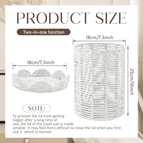 Ctosree 1.3 Gallons Small Wicker Trash Can with Lid Handle Woven Wicker Rattan Bathroom Waste Basket Boho Trash Basket with 100 Plastic Garbage Bags for Bedroom Office Laundry (Scalloped Style, White) - color: White, size: 1.3 Gallons, style: Scalloped St