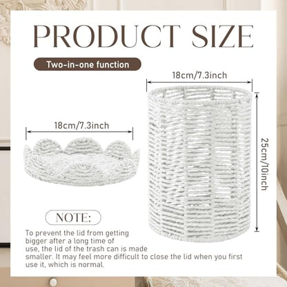 Ctosree 1.3 Gallons Small Wicker Trash Can with Lid Handle Woven Wicker Rattan Bathroom Waste Basket Boho Trash Basket with 100 Plastic Garbage Bags for Bedroom Office Laundry (Scalloped Style, White) - color: White, size: 1.3 Gallons, style: Scalloped St