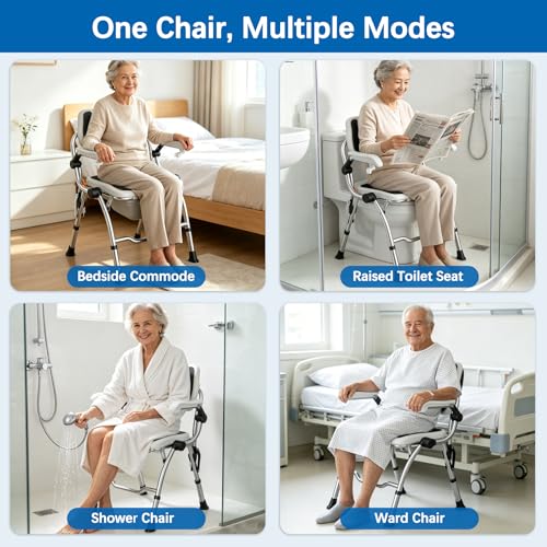 3 in 1 Folding Bedside Commode Chair,No-Assembly Foldable Shower Chair for Inside Shower with Arms and Back,Portable Toilet for Adults Elderly,Adjustable Height Raised Toilet Seat with Handles