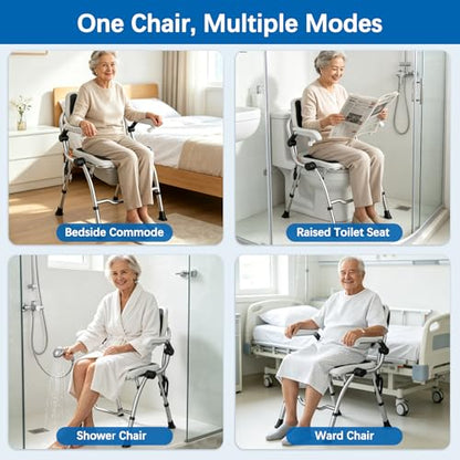 3 in 1 Folding Bedside Commode Chair,No-Assembly Foldable Shower Chair for Inside Shower with Arms and Back,Portable Toilet for Adults Elderly,Adjustable Height Raised Toilet Seat with Handles