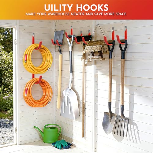 Heavy Duty Metal Garage Hooks Wall Mount 2 Pack, Garage Hanger Utility Storage Hooks for Outside, Hose Rack Suitable for Garage,Garden and Yard,Red - size: Medium