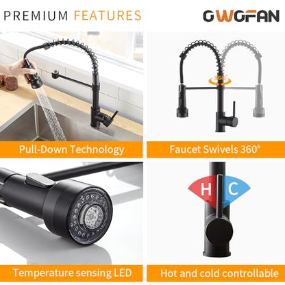 Kitchen Faucet with Pull Down LED Light Sprayer Black | Stainless Steel NSF Certified,1 Handle Faucet,Farmhouse Camper Laundry Utility Rv Wet Bar Sinks,Deck Plate 1,3 Hole - color: A - Black