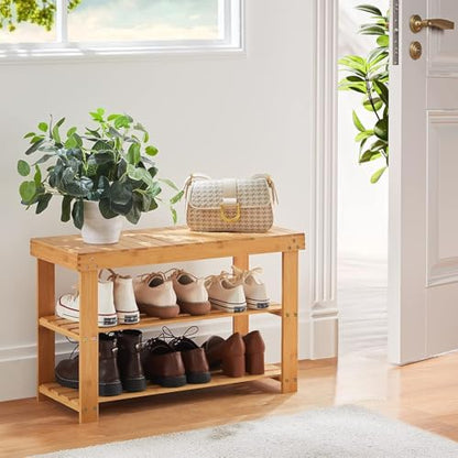 Pipishell 3 Tier Bamboo Shoe Rack Bench - Sturdy Shoe Organizer Holds up to 300lbs for Entryway, Bedroom, Living Room, Balcony - color: Bamboo