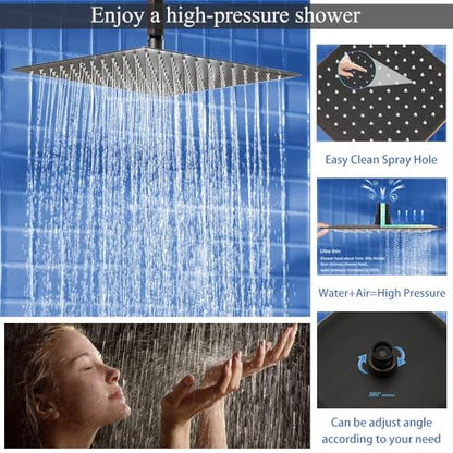 16 Inch Oil Rubbed Bronze Ceiling Mount Shower System Bathroom Luxury Rain Mixer Shower Combo Set Ceiling Rainfall Shower Head System Faucet Contain Rough-in Valve and Trim Included - color: Oil Rubbed Bronze, size: 16 Inch
