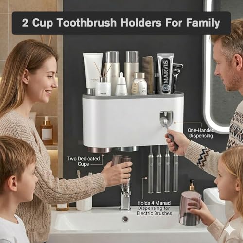 Multifunctional Wall-Mounted Toothbrush Holder, Automatic Toothpaste Dispenser Space Saving Toothbrush and Toothpaste Holder, with 2 Cup and Cosmetic Organizer (Gray 2Cup)