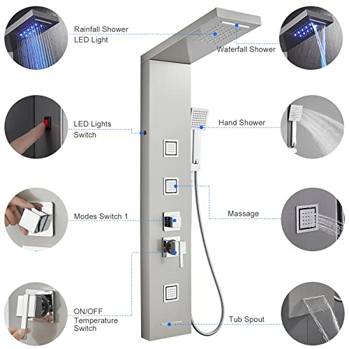 5-in-1 LED Shower Panel Tower System Stainless Steel | Rainfall + waterfall heads | 3 massage sprays | Handheld shower | Waterfall tub spout | LED lights | Wall mount - color: Brushed Nickel