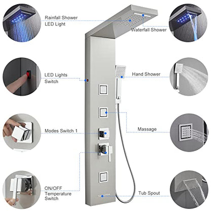 5-in-1 LED Shower Panel Tower System Stainless Steel | Rainfall + waterfall heads | 3 massage sprays | Handheld shower | Waterfall tub spout | LED lights | Wall mount - color: Brushed Nickel