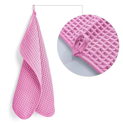 POLYTE 430 GSM Microfiber Lint Free Washcloth Face Towel, 13 x 13 in, 4 Pack (Waffle Weave) - color: Pink