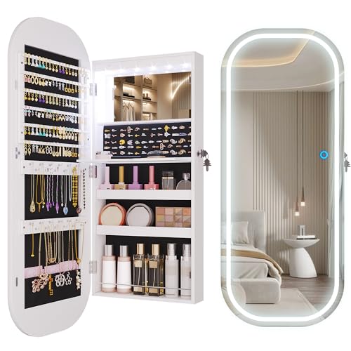 LVSOMT LED Mirror Jewelry Cabinet, Over the Door Jewelry Armoire Organizer | 42" Full Length Mirror with Storage, Built-in Makeup Mirror, Lockable Wall Mounted Jewelry Mirror for Women, Girls, White - color: White-1
