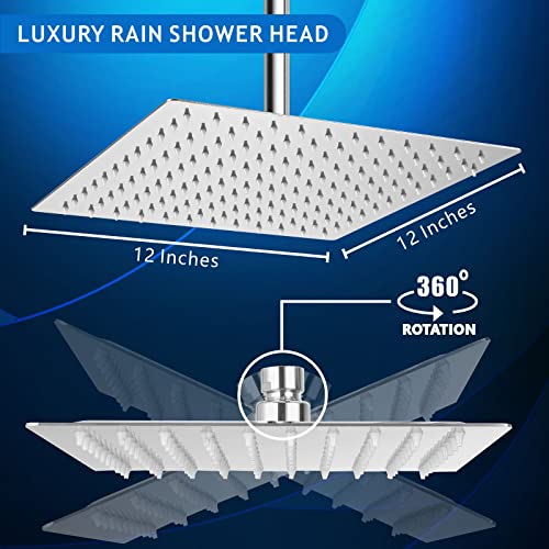 Voolan Rain Shower Head - High Flow Large Rainfall Shower Heads Made of Stainless Steel - Waterfall Bathroom Square Showerhead - Ceiling or Wall Mount (12" Chrome) - color: Chrome, size: 12 Inch