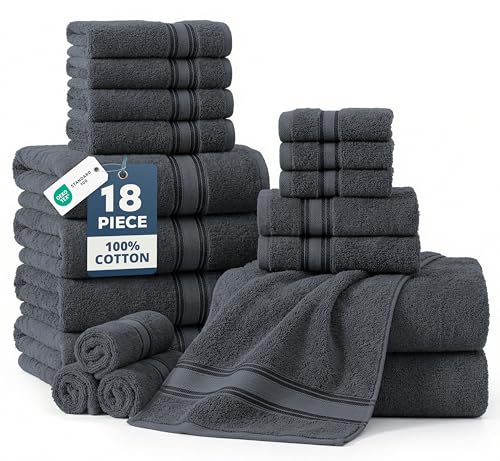 LANE LINEN Towel Set for Bathroom 18 Piece Soft Absorbent - Cool Grey | Towels And Washcloths Sets - Oversized & Roomy, Lightweight & Breathable, Fade-Resistant Color, Classic Terry Weave - color: 03: Cool Grey, size: 18 Piece Towel Set