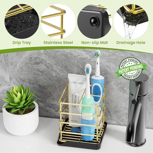 Toothbrush Holders for Bathroom,Gold,Stainless Steel,Detachable,Tray,3 Slot | Easy to Clean,Multifunctional,Kids Electric Toothbrush Organizer,Drainage,Removable,For Bathroom,Vanity,Kitchen Sink,Office - size: Gold