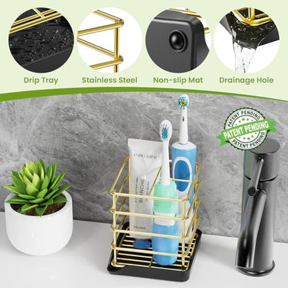 Toothbrush Holders for Bathroom,Gold,Stainless Steel,Detachable,Tray,3 Slot | Easy to Clean,Multifunctional,Kids Electric Toothbrush Organizer,Drainage,Removable,For Bathroom,Vanity,Kitchen Sink,Office - size: Gold