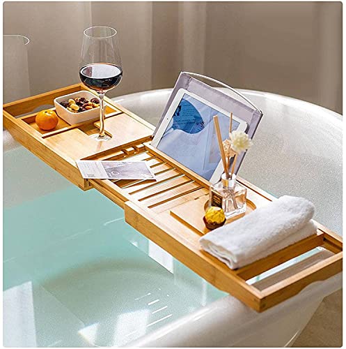 Top hacker Bamboo Bathtub Caddy Tray Foldable Bathtub Tray Expandable Luxurious Bathtub Tray with Mirror and Mobile Phone Holder, Tablet Computer, Red Wine, Soap Box (Color : Standard)