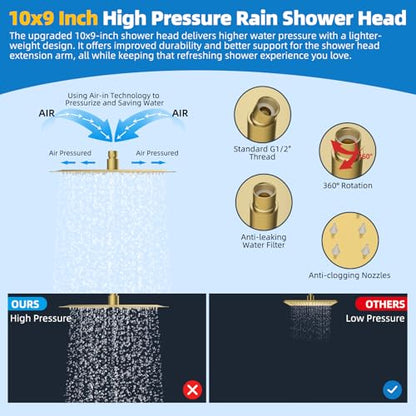 Hibbent All Metal cUPC Certified Shower Head, 10'' High Pressure Rainfall Shower Head Combo, Handheld Shower Wand, 12'' Adjustable Extension Arm, 4-Spray, 71'' Hose, Shower Holder, Brushed Gold - color: Brushed Gold, style: Square 10''