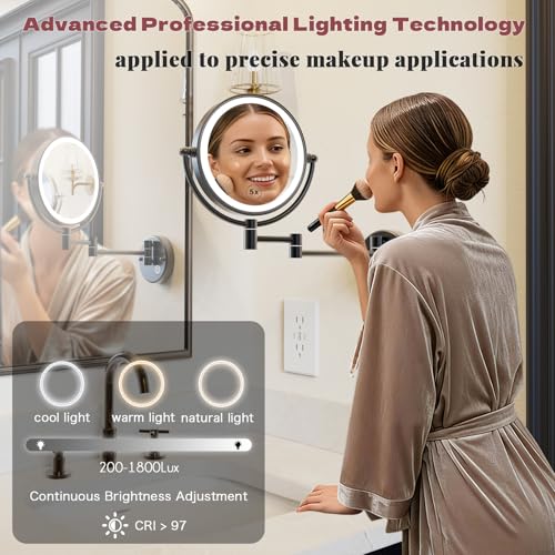 1X/5X Magnifying Make up Mirror Wall Mounted, Lighted, Brass Arm, Hardwired | 8-Inch, Bathroom Double-Sided Vanity, 360 Swivel Extendable, 3 Color Lighting, Memory Function, Touch Dimmable, Matt Black