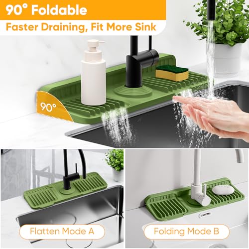 14.6 inch Faucet Mat for Kitchen Sink Splash Guard[7° Slope Fast Self-draining][Snap Lock Fit]Kitchen Sink Faucet Mat Splash Guard Kitchen Sink Area Water Splash Guard Behind Faucet Draining Mat - color: Green, size: 14.6" x 5.5"