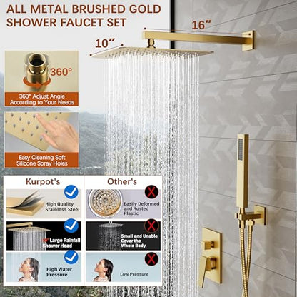 Kurpot Gold Shower System, 10'' Square Rainfall Shower Head with Handheld Combo Spray, Bathroom Brushed Gold Shower Faucet Set with Valve, 59'' Shower Hose, Shower Trim Kit and Diverter, Wall Mounted - color: Brushed Gold