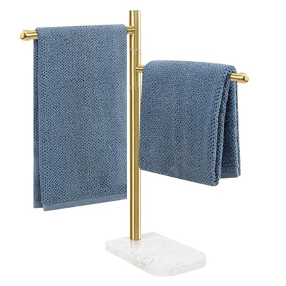 Hand Towel Holder, F-Shape Hand Towel Stand with Marble Base, Stainless Steel Swivel Hand Towel Rack Bar Standing for Bathroom Kitchen Countertop, 2 Arms (Gold) - color: Gold