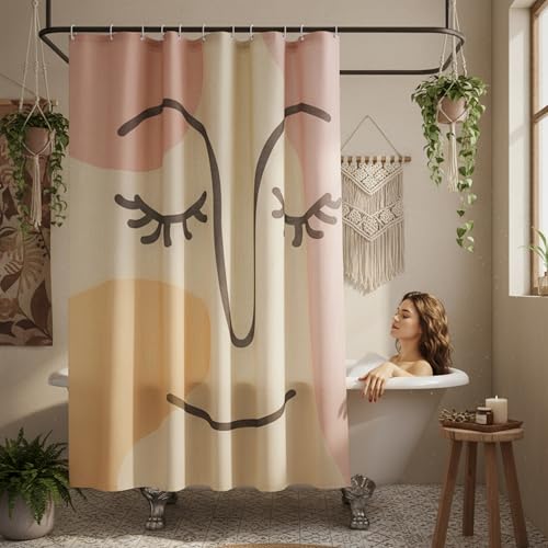 Gentle Smiling Face Linen Shower Curtain Set with Liner,72" Wx72 L | Double Layer Shower Curtain Waterproof Fabric with Zippered Removable PEVA Liner,Boho Shower Curtain for Bathroom,Free Hooks - color: Abstract Face