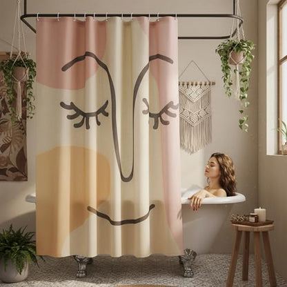 Gentle Smiling Face Linen Shower Curtain Set with Liner,72" Wx72 L | Double Layer Shower Curtain Waterproof Fabric with Zippered Removable PEVA Liner,Boho Shower Curtain for Bathroom,Free Hooks - color: Abstract Face